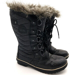 Sorel Tofino II Boots Size 7 Faux Fur Lined Waterproof Black Quilted Lace Up
